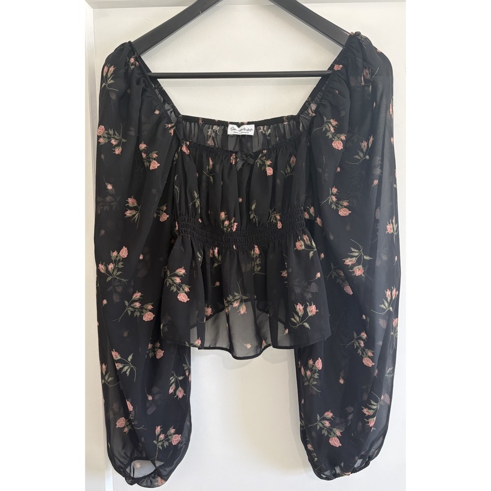 Miss Selfridge Black Floral Chiffon Blouse Size 6 US Pink Rose Smocked Milkmaid
